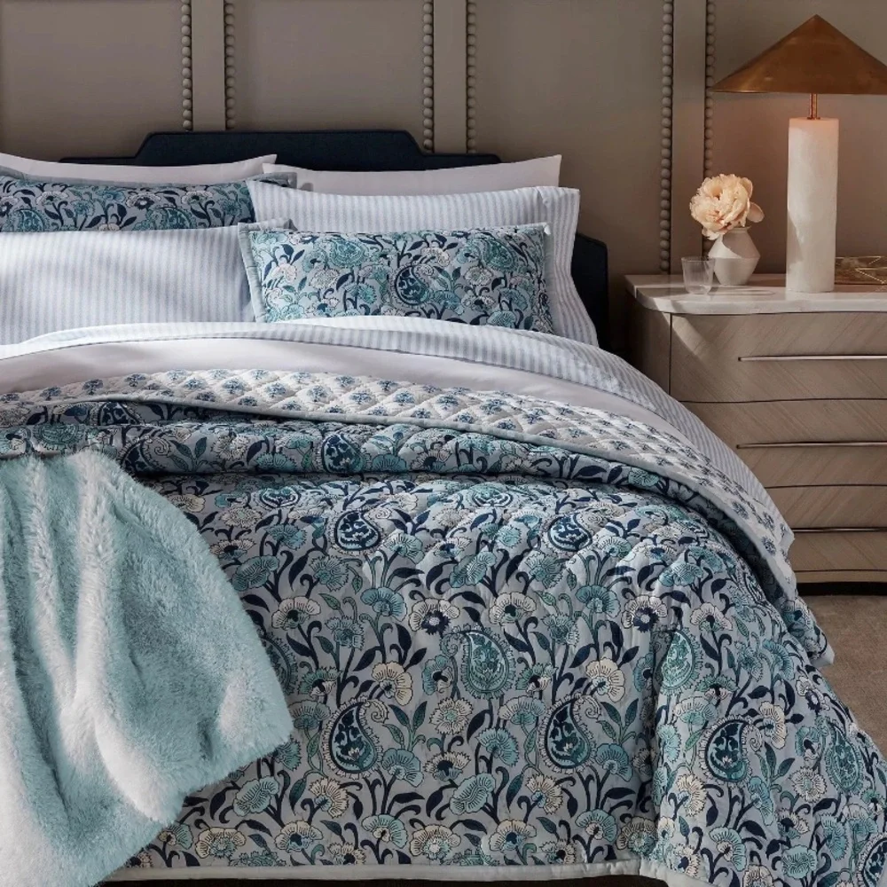 Aqua Home Reversible Printed Cotton Quilt Set, King